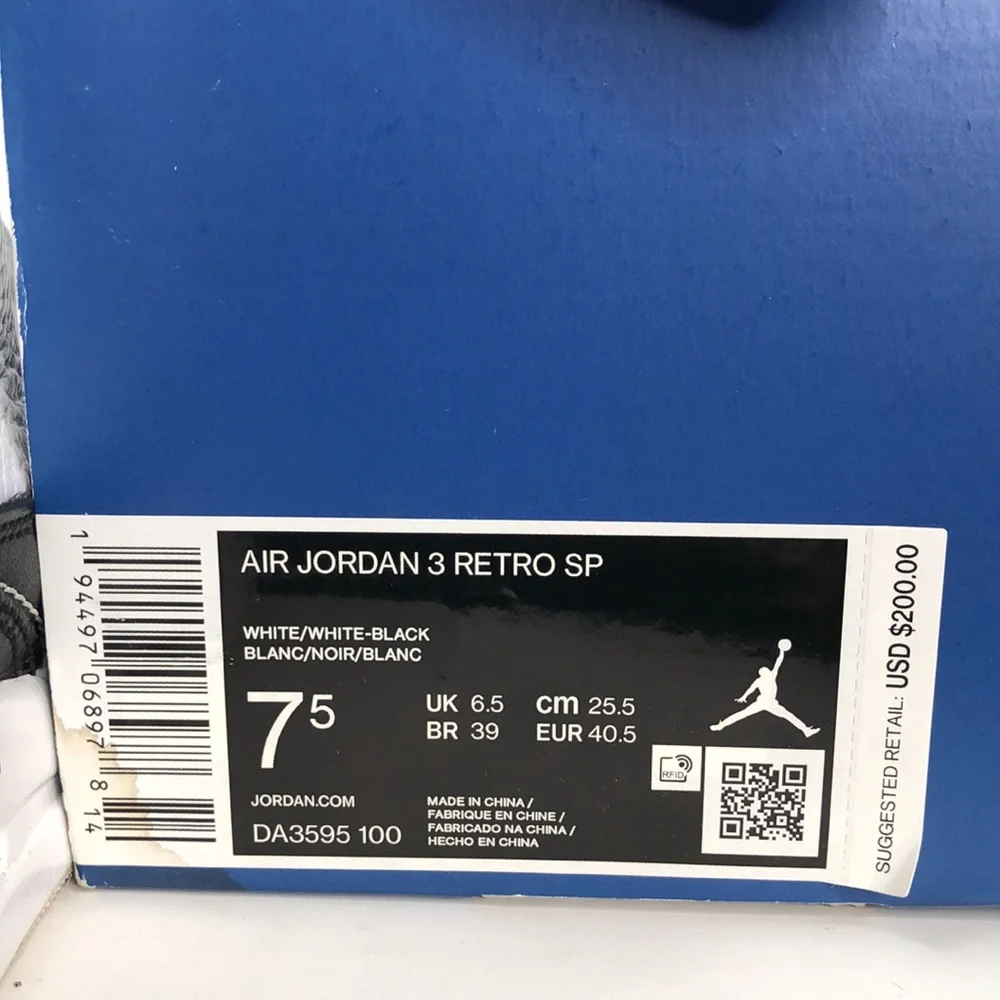 Air Jordan 3 Retro SP x Fragment Design Mid White DA3583-100 Shoes - Size 7.5